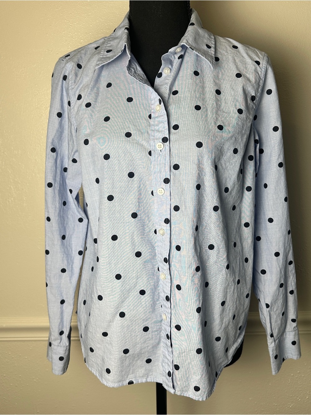 Talbots Light Blue Button-Down Shirt with Navy Polka Dots